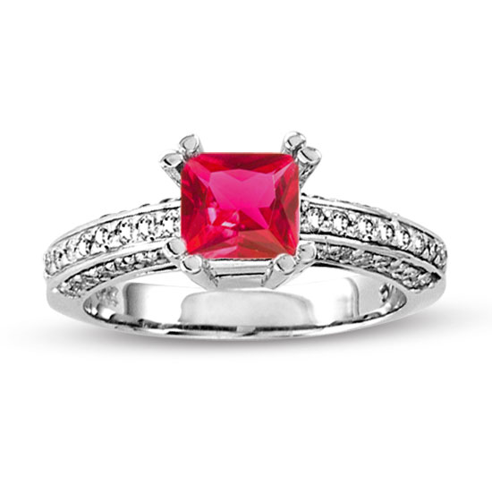 View 14k White Gold Ring with 1.01ct Square Cut Gem Quality Ruby and 0.50ct tw of Round Diamonds