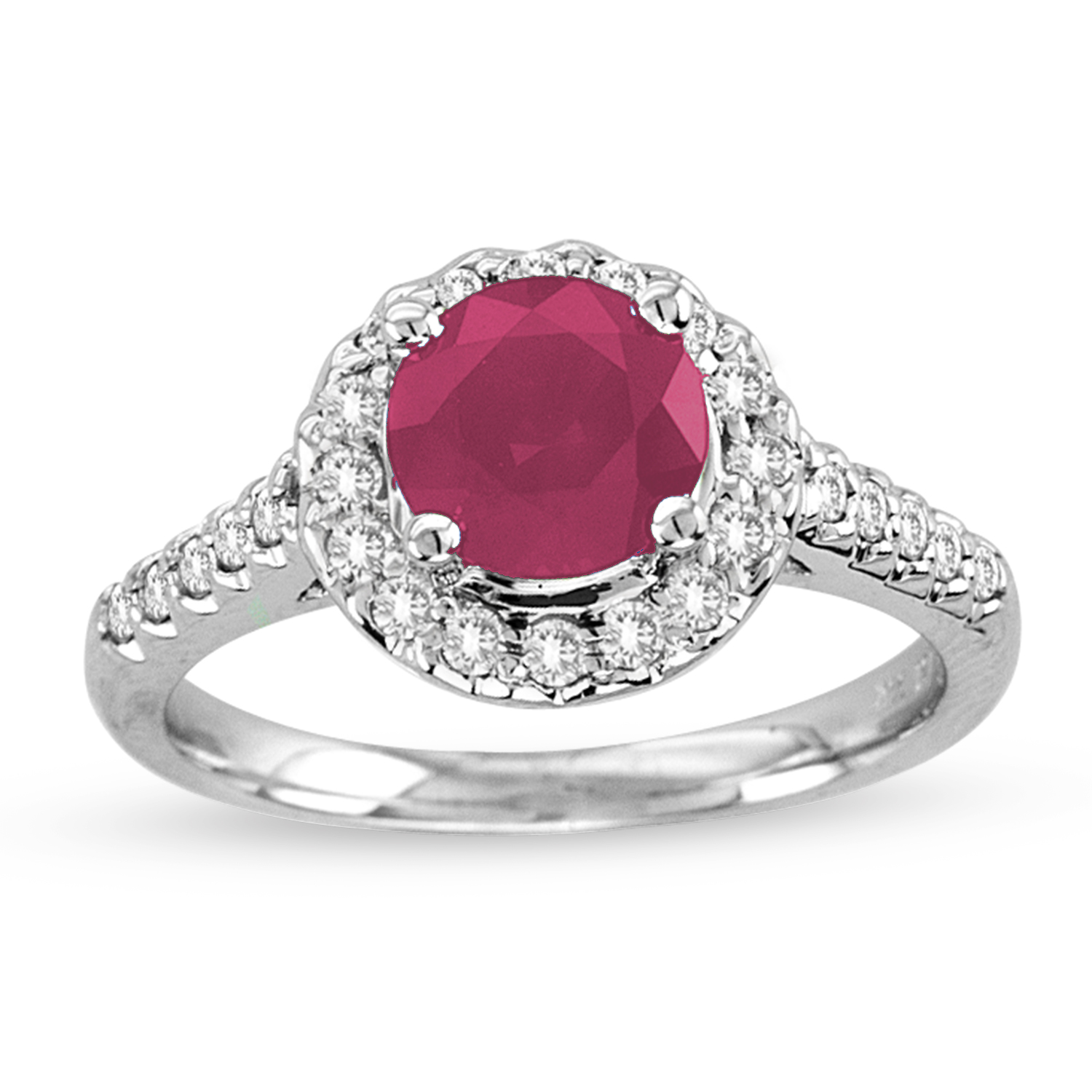 View 14k White Gold Ring With 1.31ct Round Gem Quality Ruby in Center and 0.30ct tw Round Diamonds 