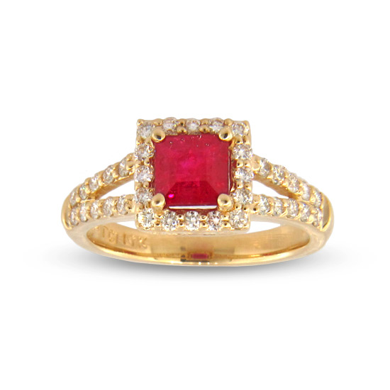 View 1.73cttw Ruby and Diamond Split Shank Enagement Ring set in 14k Gold