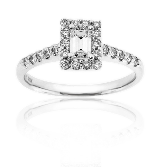 14k Gold Engagement Ring with 0.33ct Emerald Cut cneter and 0.64cttw of Diamonds