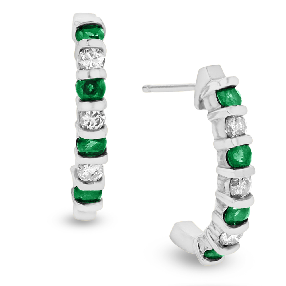 View 0.35ctw Diamond and Emerald J Hoop Earrings in 14k White Gold