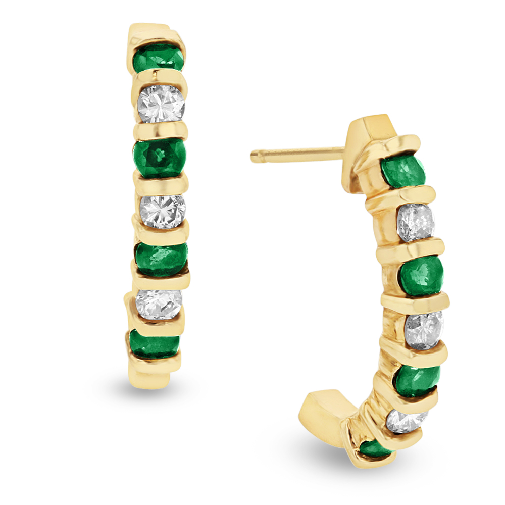 0.35ctw Diamond and Emerald J Hoop Earrings in 14k Yellow Gold