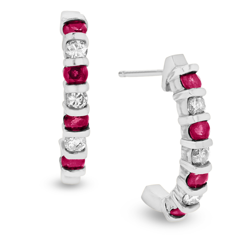 View 0.35ctw Diamond and Ruby J Hoop Earrings in 14k White Gold