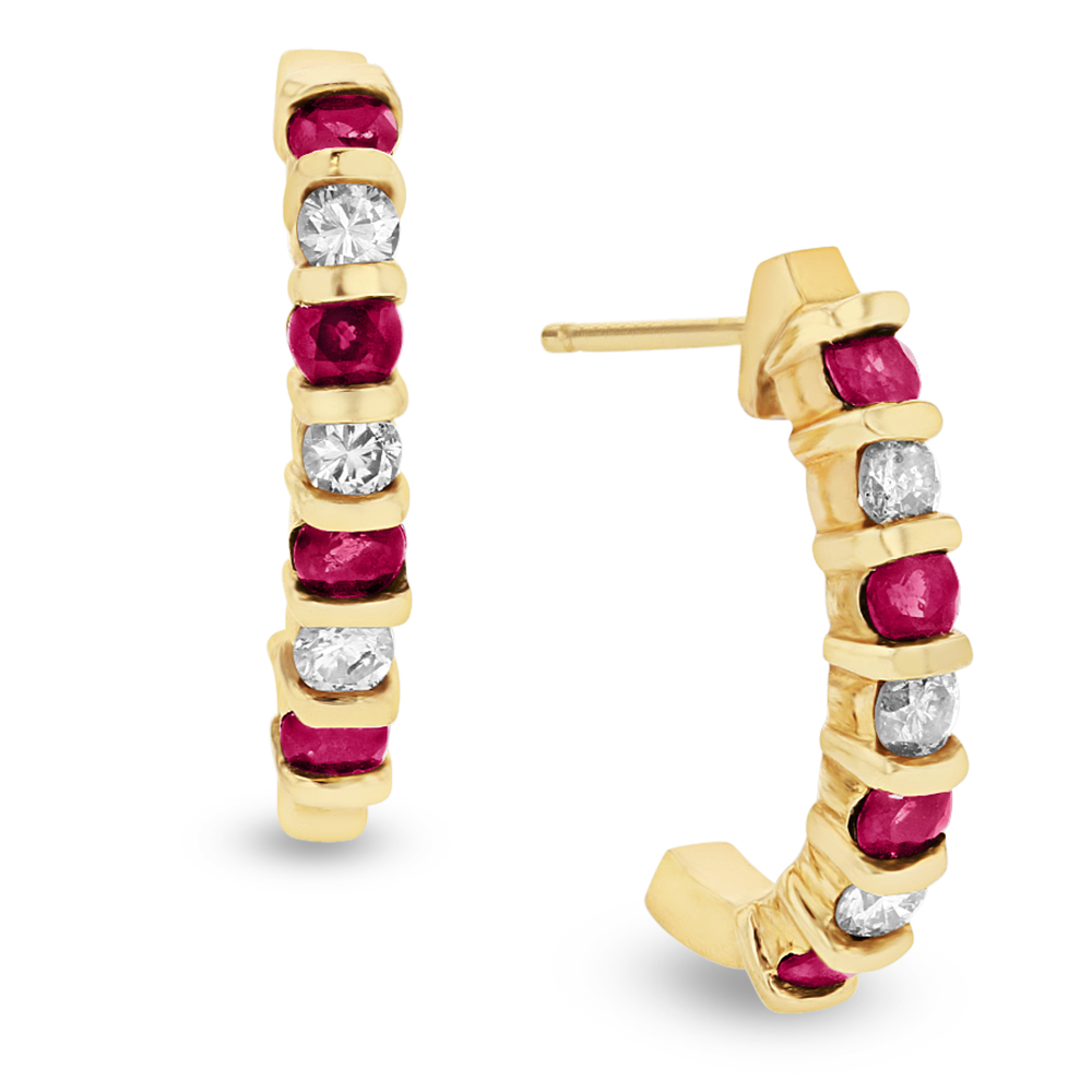 View 0.35ctw Diamond and Ruby J Hoop Earrings in 14k Yellow Gold