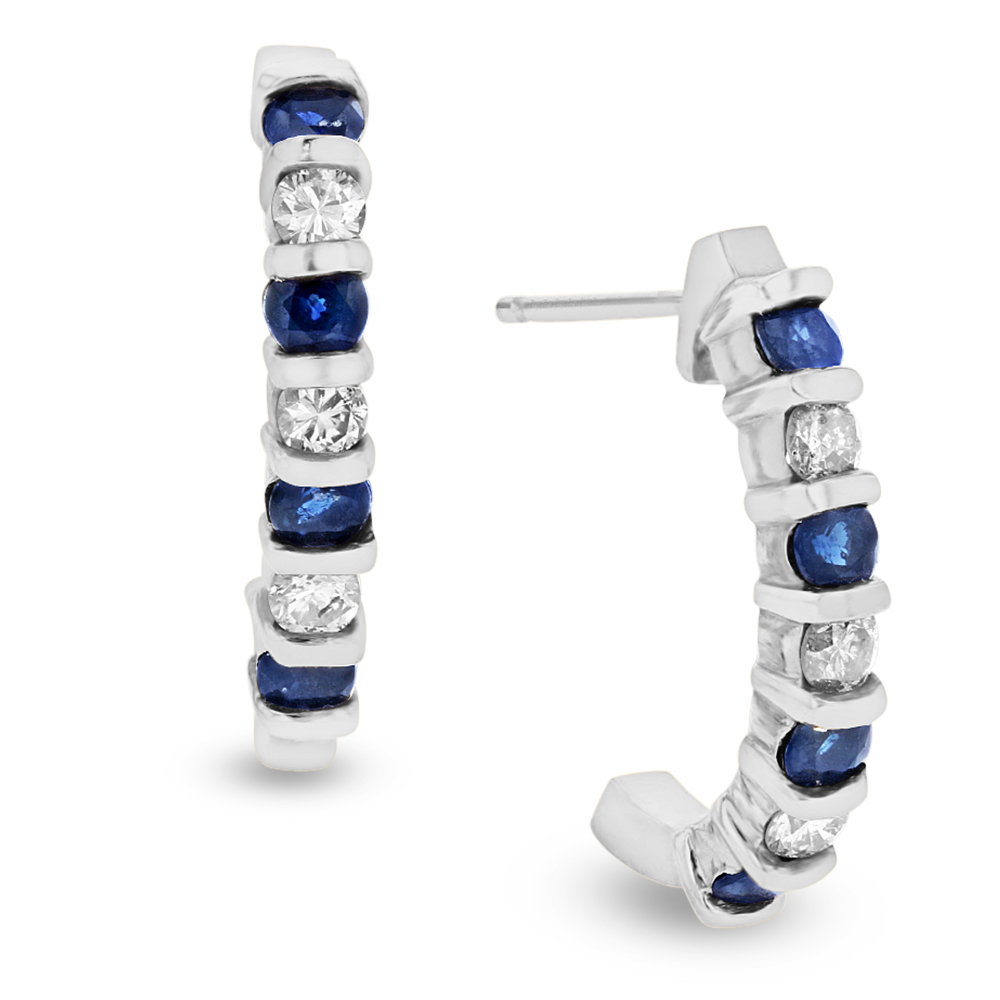 View 0.35ctw Diamond and Sapphire J Hoop Earrings in 14k White Gold