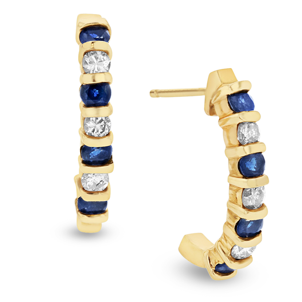 0.35ctw Diamond and Sapphire J Hoop Earrings in 14k Yellow Gold