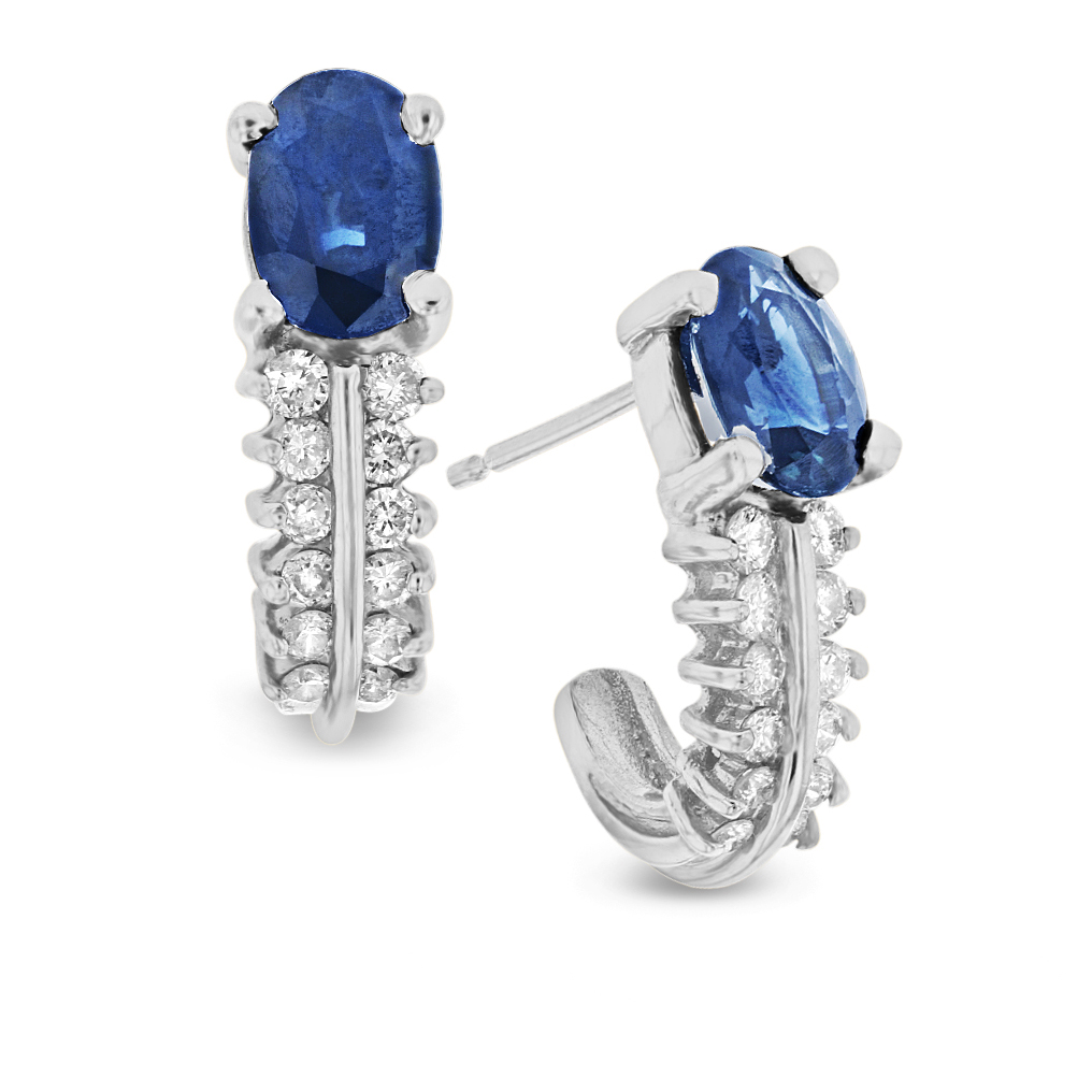 View 0.40ctw Diamond and Sapphire J Hoop Earrings in 14k White Gold