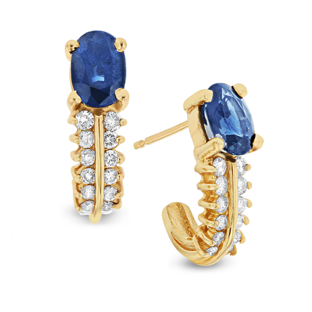 View 0.40ctw Diamond and Sapphire J Hoop Earrings in 14k Yellow Gold