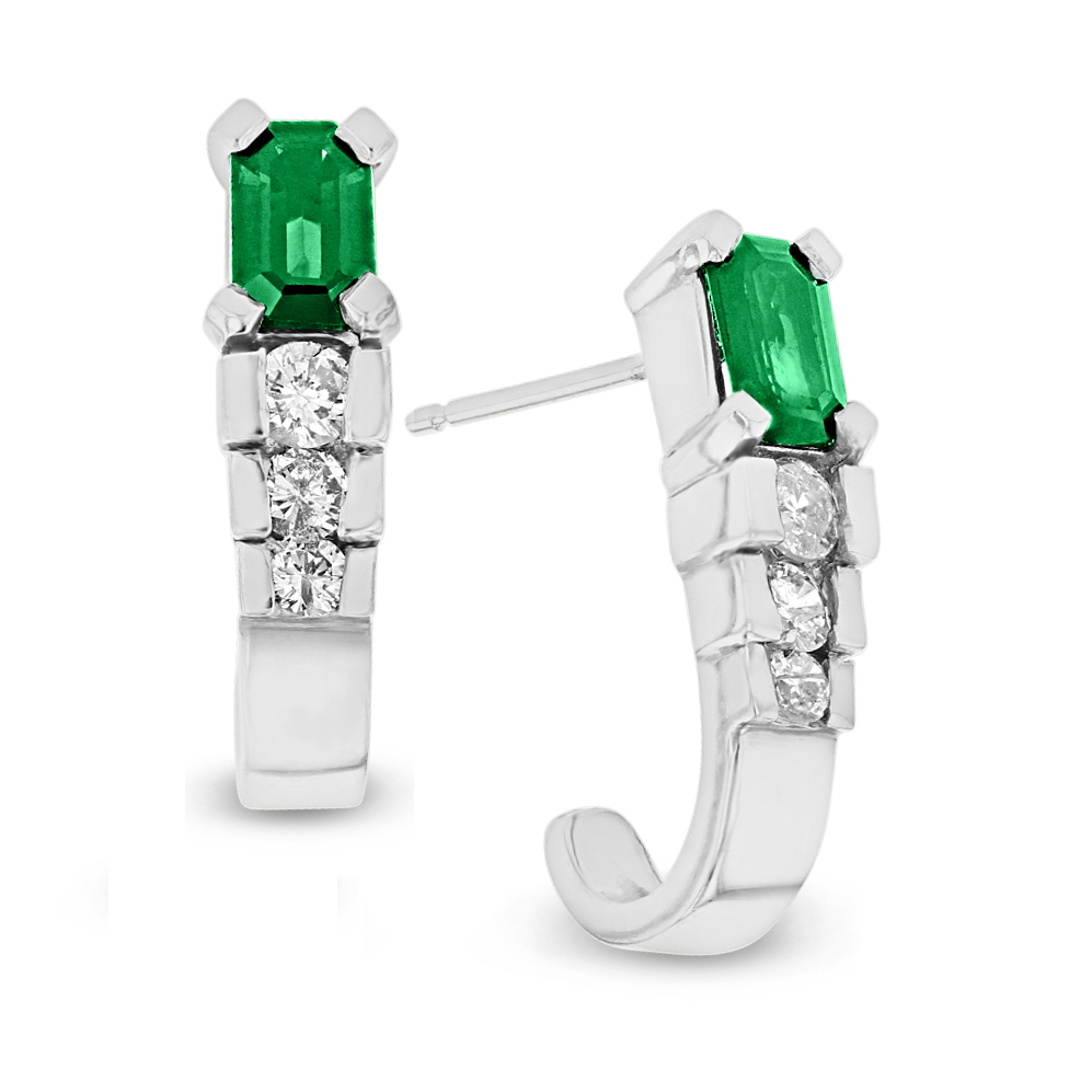 View 1.35ctw Diamond and Emerald J Hoop Earrings in 14k White Gold