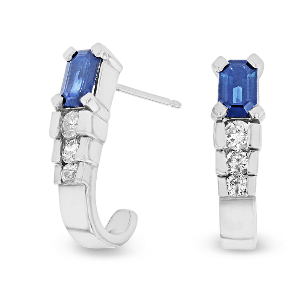 View 1.45ctw Diamnond and Sapphire J-Hoop Earrings in 14k White Gold
