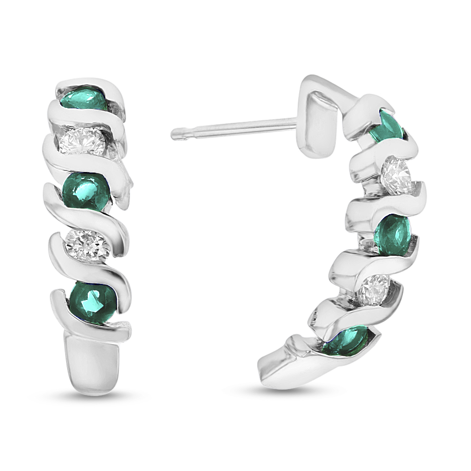 View   0.76ctw Diamond and Emerald J-Hoop Earrings in 14k Fold