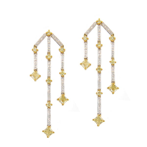 View 2.50ct tw Natural Fancy Yellow Diamond Chandelier Earrings Hand Hinged Dangling 18k Two Tone Gold 