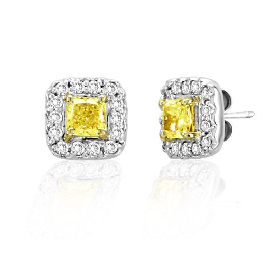 View 18k Two tone Gold Natural Fancy Yellow Diamond Earrings with 1.20cttw of Diamonds