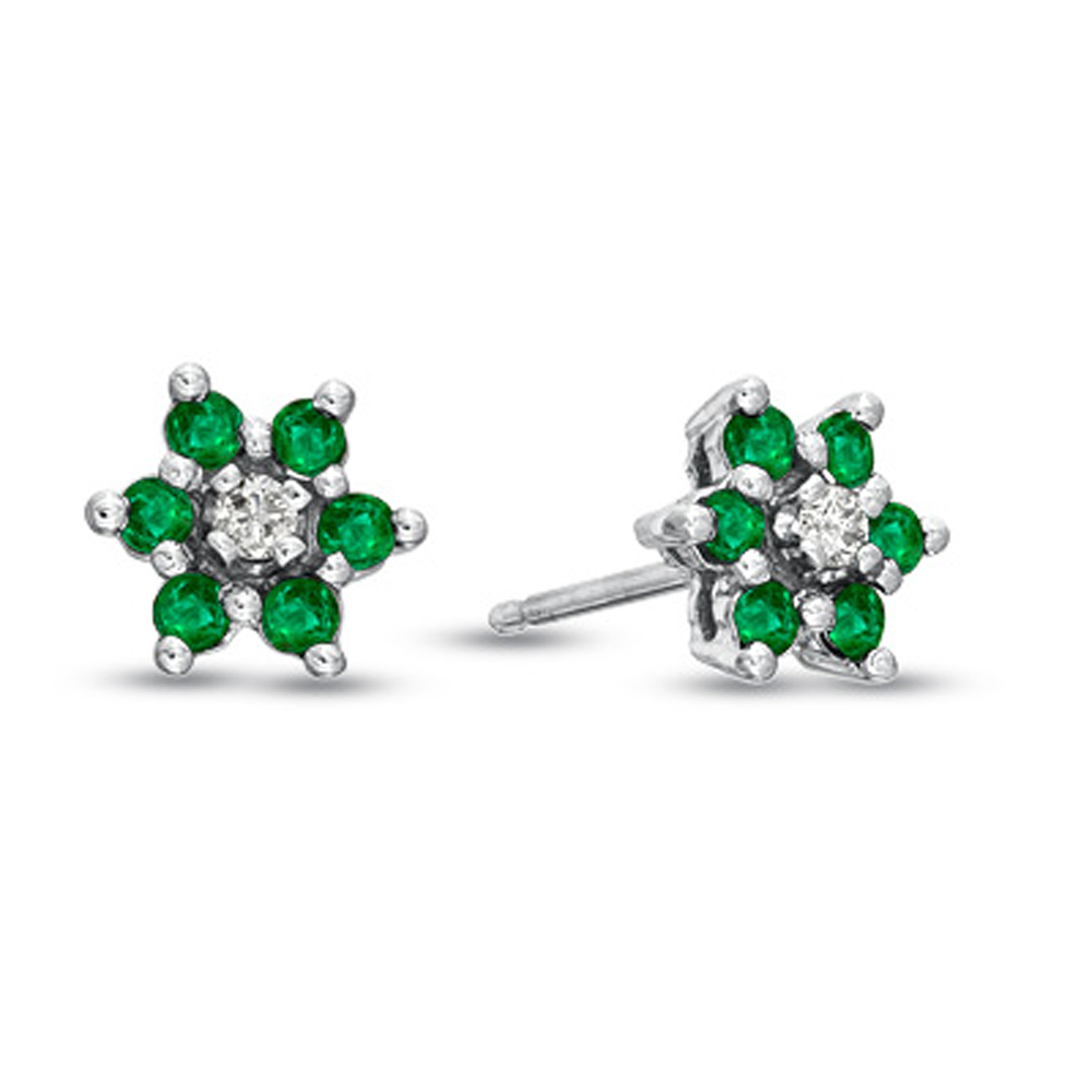 View 0.48cttw Emerald and Diamond Flower Cluster Earrings in 14k Gold