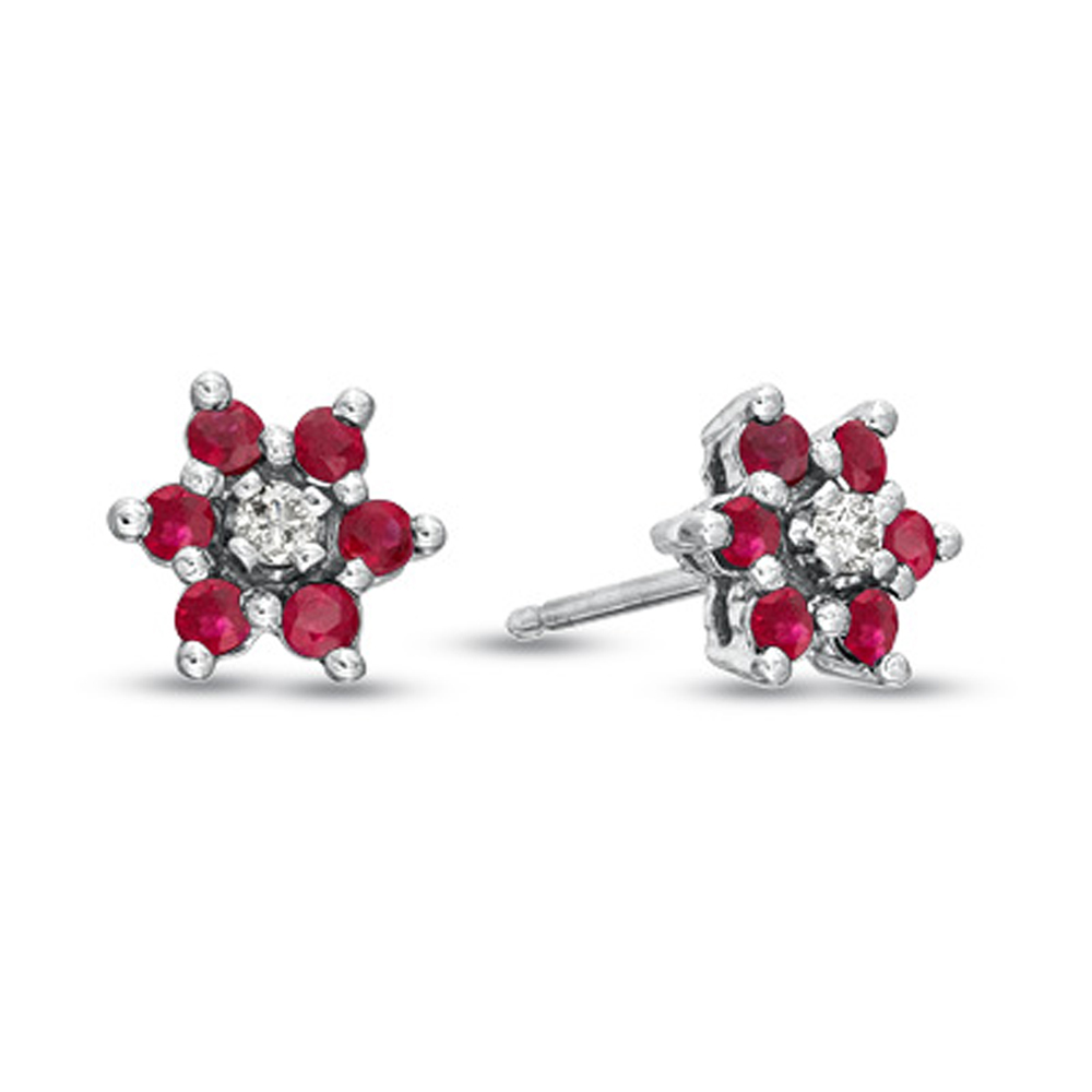 0.58cttw Natural Heated  Ruby and Diamond Flower Cluster Earring in 14k Gold