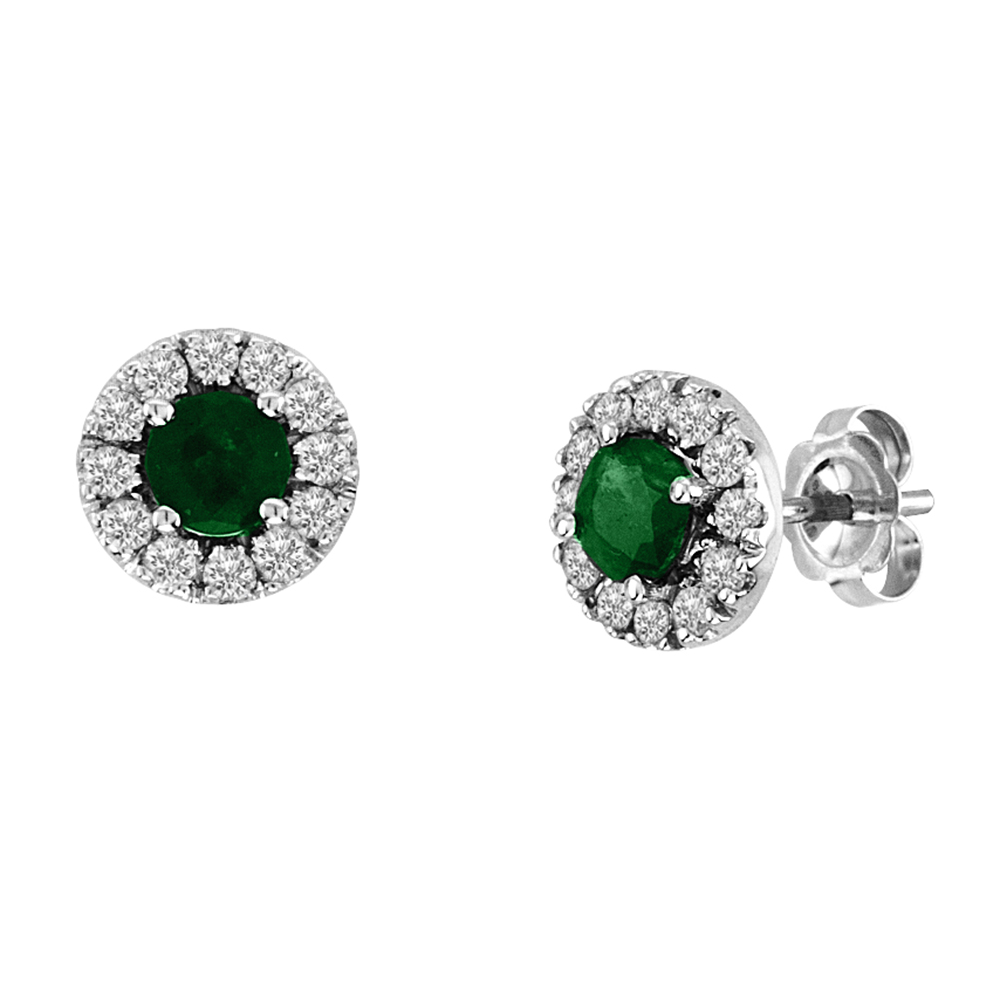 0.88cttw Emerald and Diamond Halo Earrings set in 14k Gold