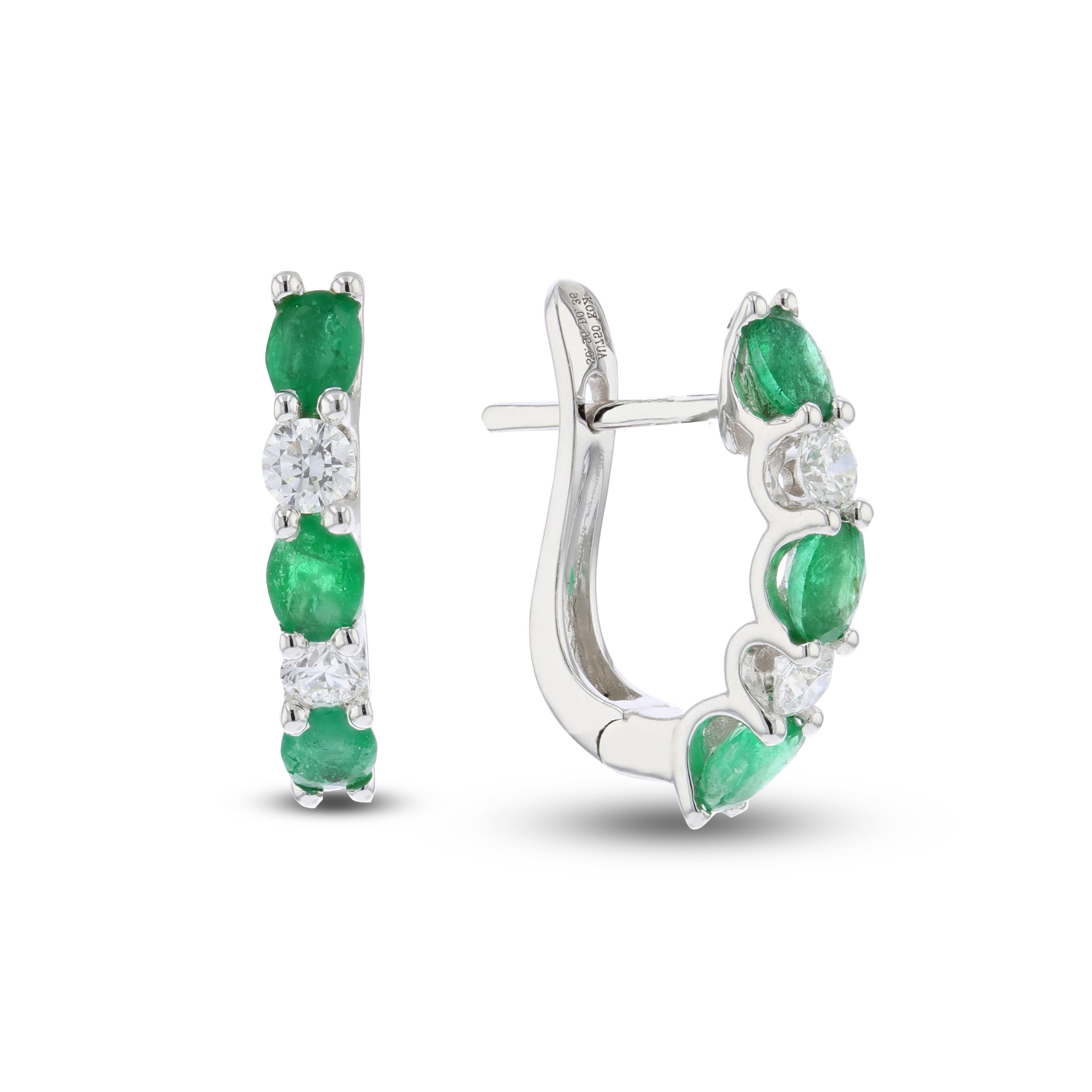 View 1.30ctw Diamond and Emerald Hoop Earrings in 18k White Gold