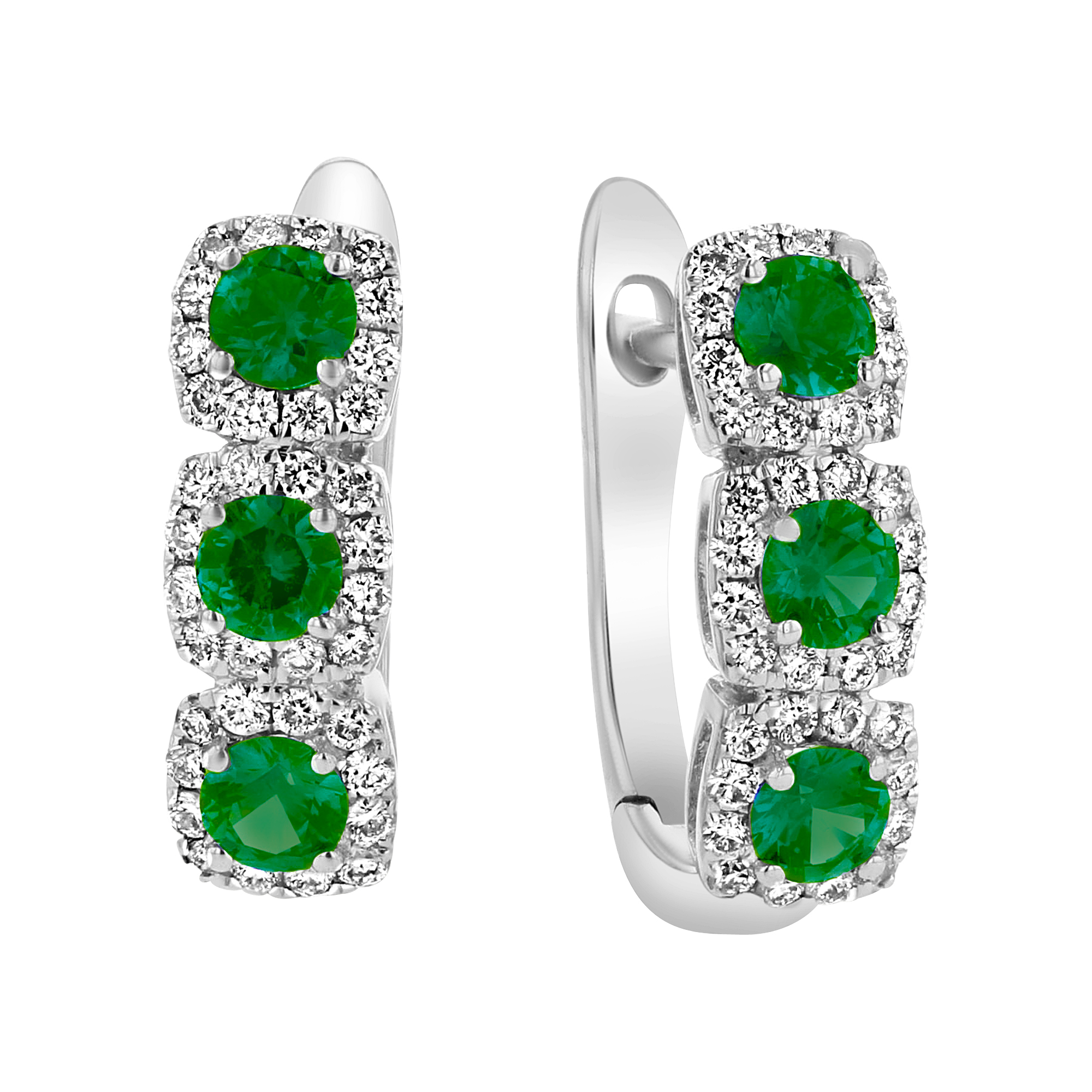 View 0.77ctw Diamond and Emerald Hoop Earrings in 18k White Gold