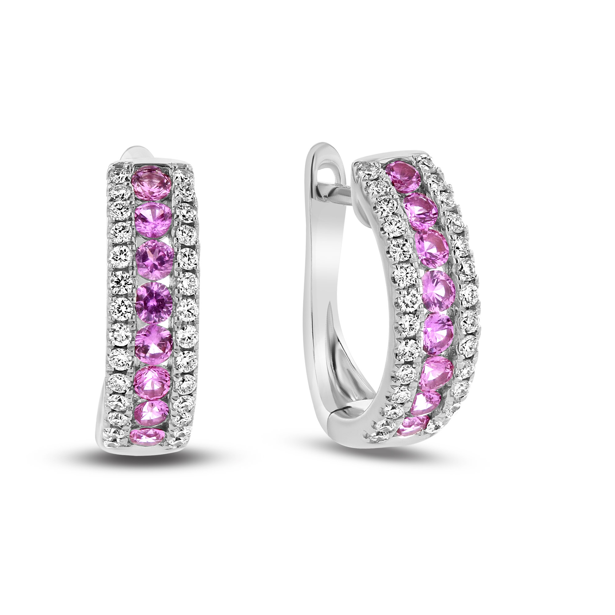 View 0.92ctw Diamond and Pink Saphire Hoop Earrings in 18k White Gold