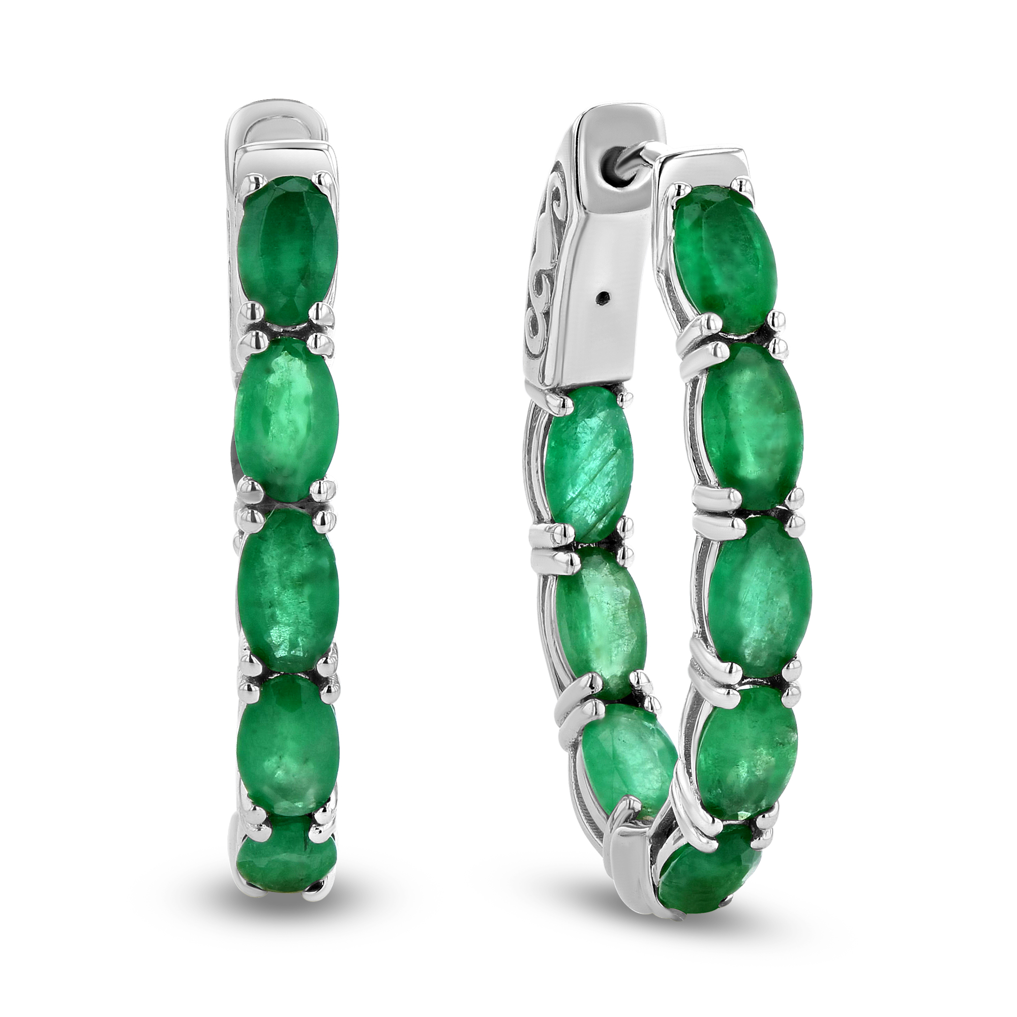View 3.40ctw Oval Emerald Hoop Earrings in 14k White Gold