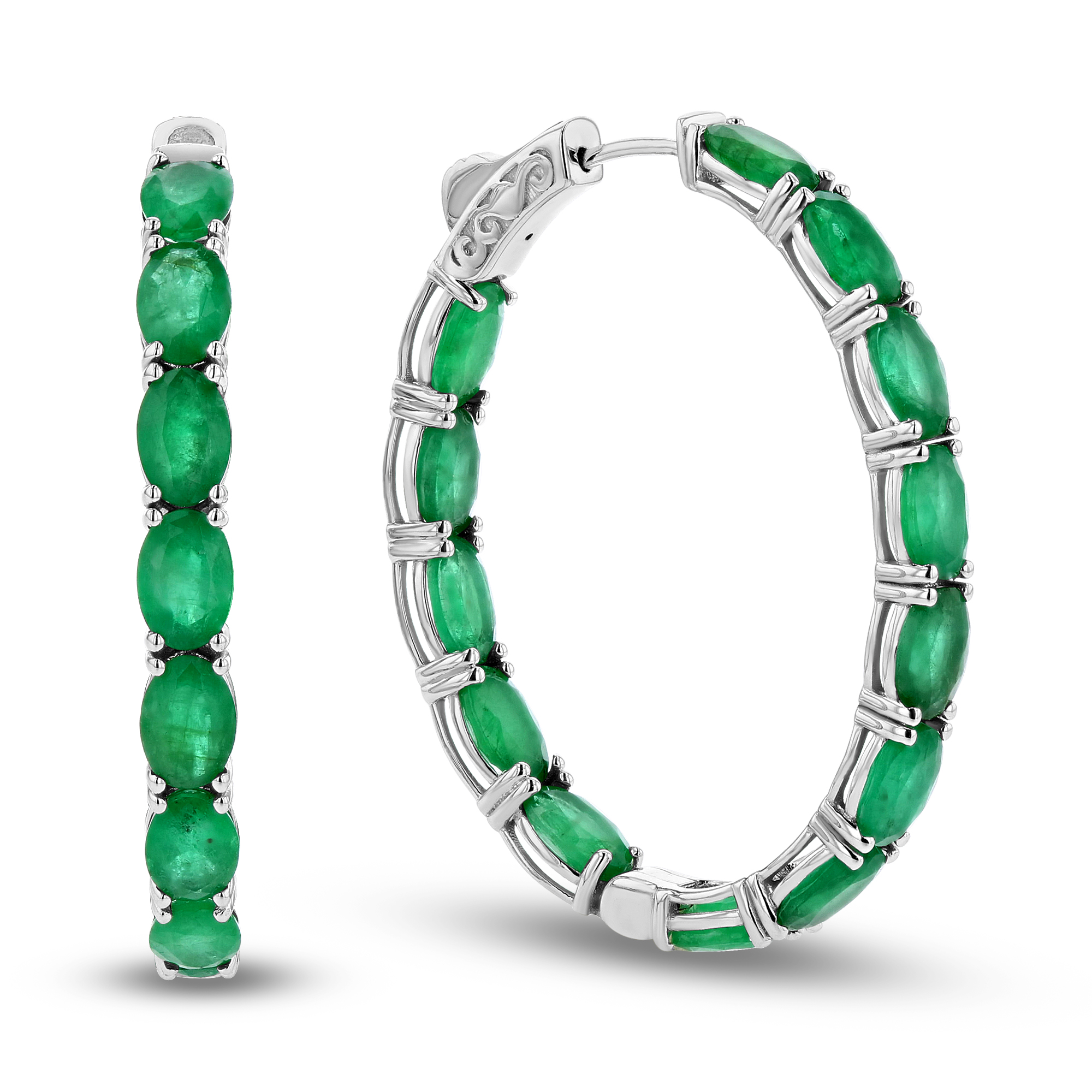 View 10.50ctw Oval Emerald Hoop Earrings in 14k White Gold