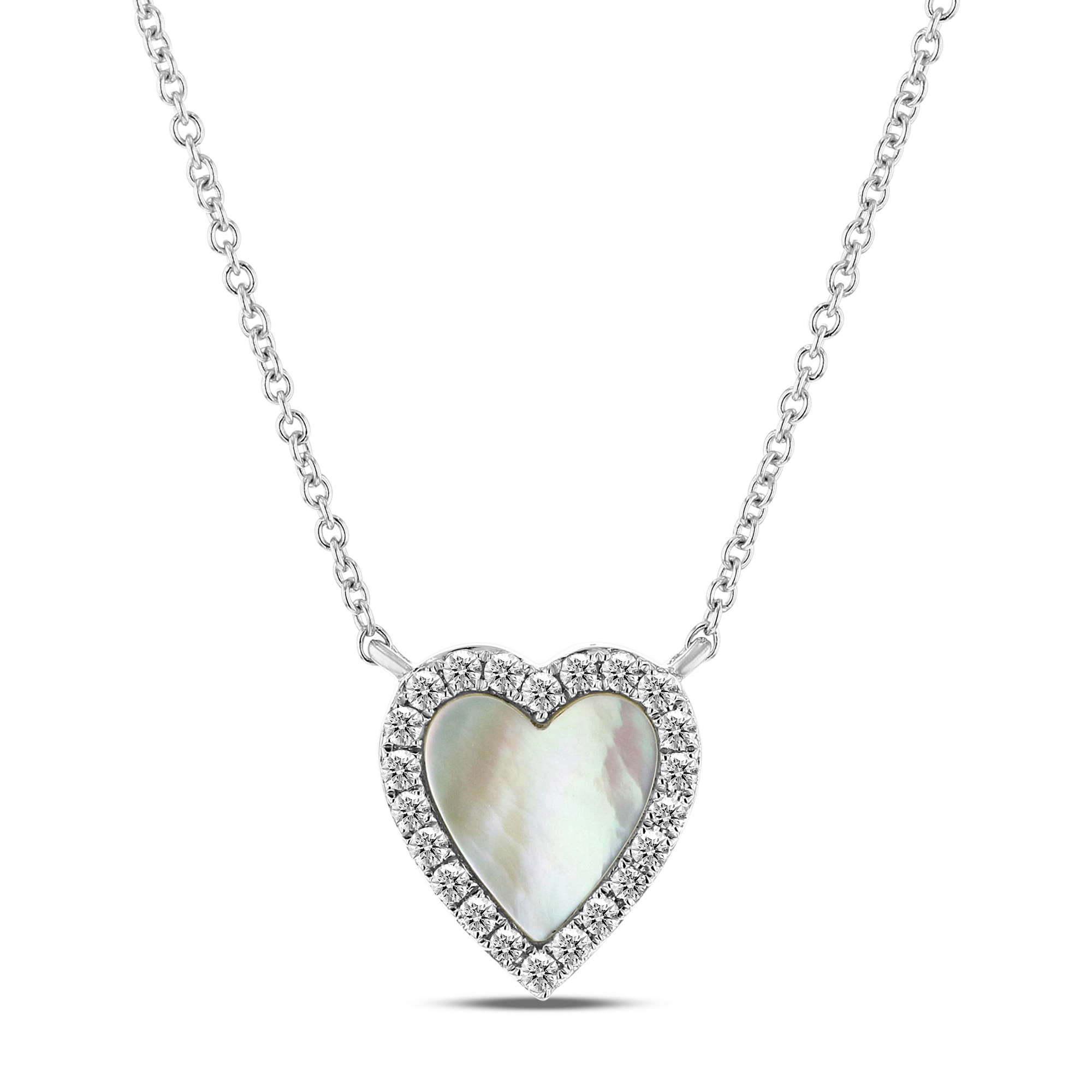 View 0.15ctw Diamond Heart Necklace with Mother of Pearl in 14k White Gold