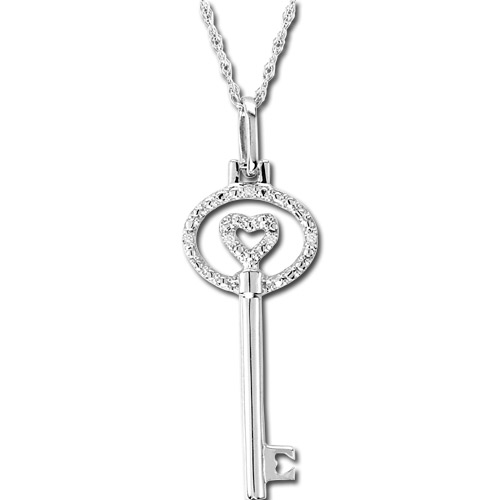 View 0.02ct Diamond Heart Sterling Silver Key Pendant 18 Inch Chain 