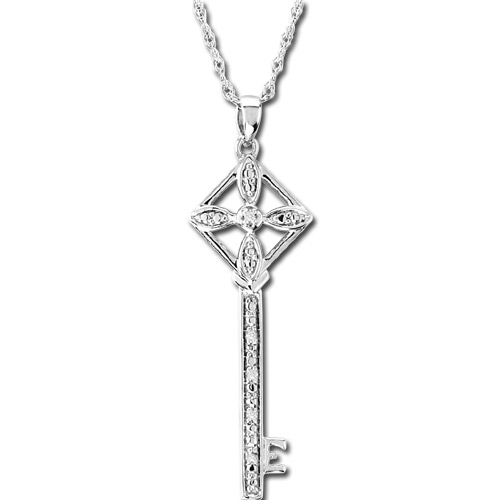 View 0.02ct Diamond Sterling Silver Key Pendant with 18 Inch Chain 