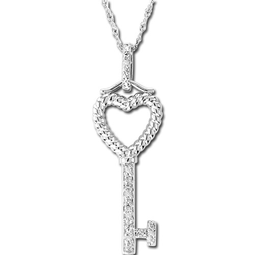 View 0.02ct Diamond Heart Sterling Silver Key Pendant with 18 Inch Chain 