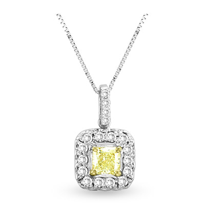View 0.64ct tw White & Natural Fancy Yellow Radiant Cut Diamonds Pendant 18 kt Gold With 16 Inch Chain 