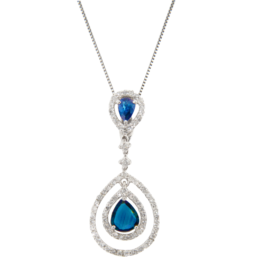 View 14k Gold Pendant with 0.67ct tw of 2 Pear Shape Natural Blue Sapphires and 0.35ct tw of Diamonds
