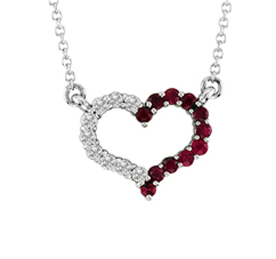 View 0.32cttw Ruby and Diamond Heart Pendant set in 14k Gold