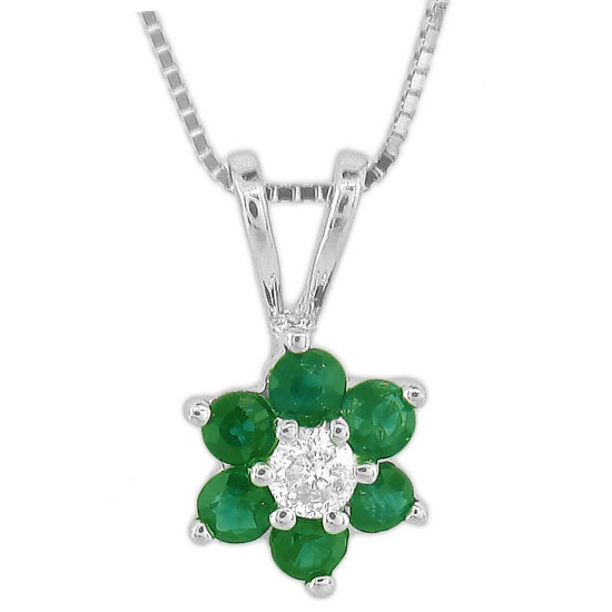 View 0.37ct tw Flower Cluster Diamond and Emerald Pendant in 14k Gold