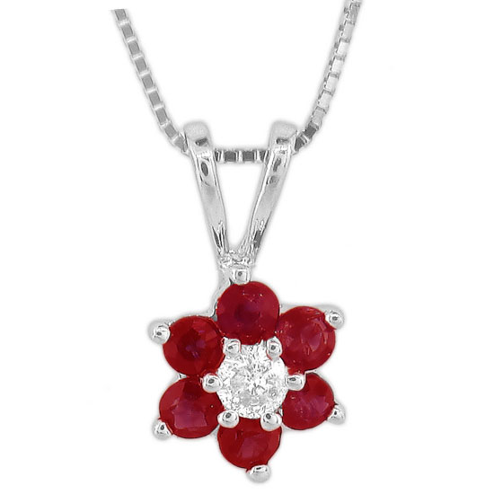 0.47ct tw Flower Cluster Diamond and Natural Heated Ruby Pendant in 14k Gold