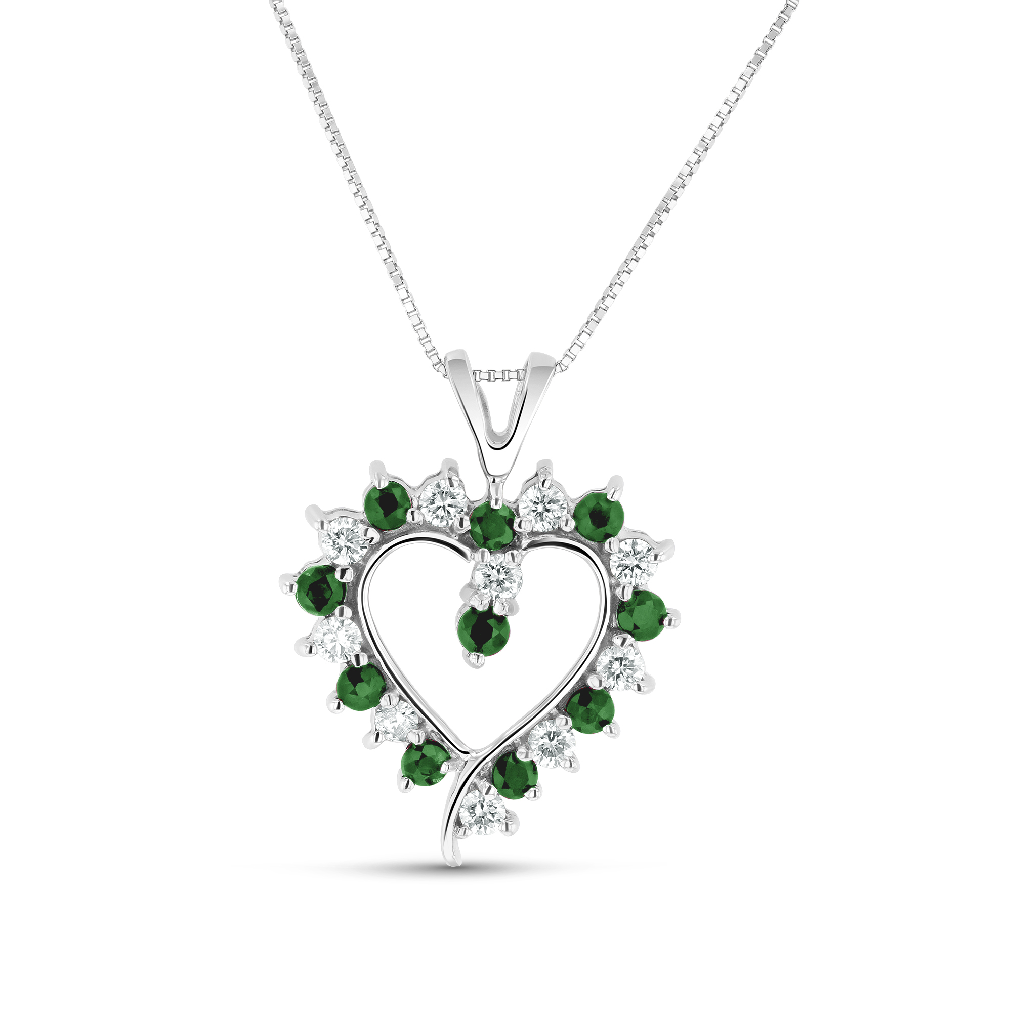 View 0.85ctw Diamond and Emerald Heart Shaped Pendant in 14k White Gold