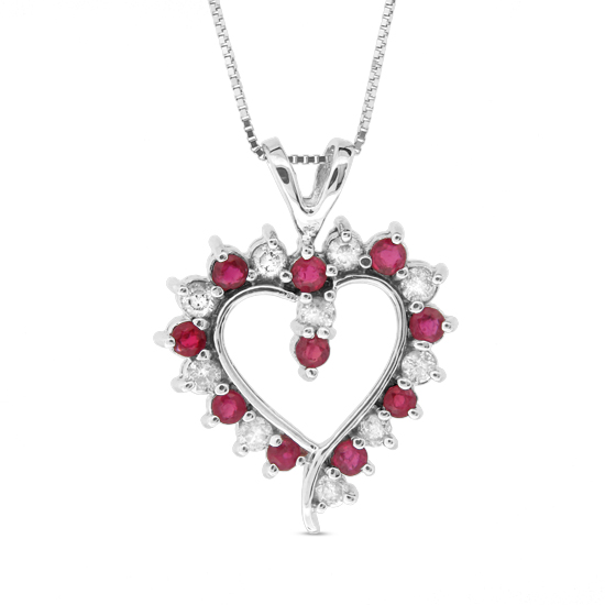 View 1.00cttw Diamond and Ruby Heart Pendant set in 14k Gold
