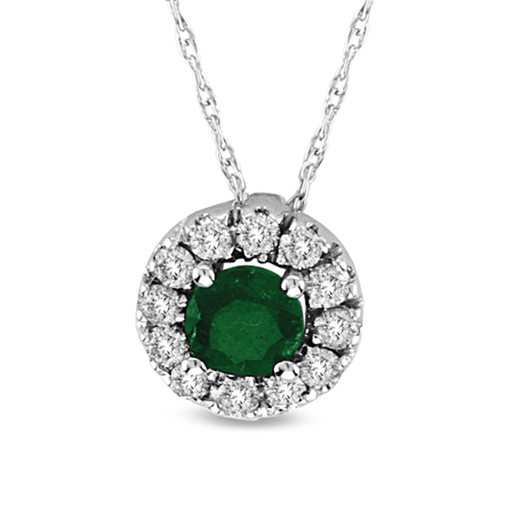 0.46cttw Emerald and Diamond Halo Pendant set in 14k Gold