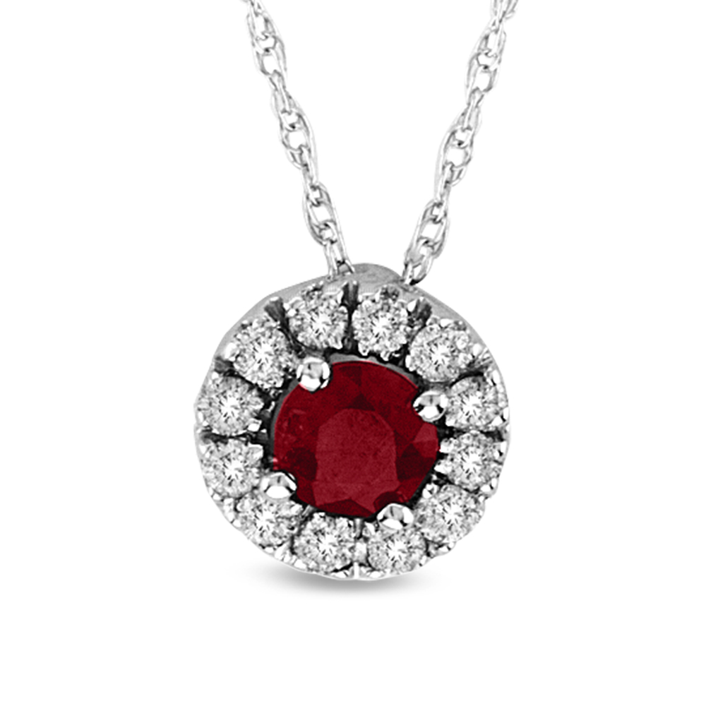 0.53cttw Natural Heated Ruby and Diamond Halo Pendant set in 14k Gold