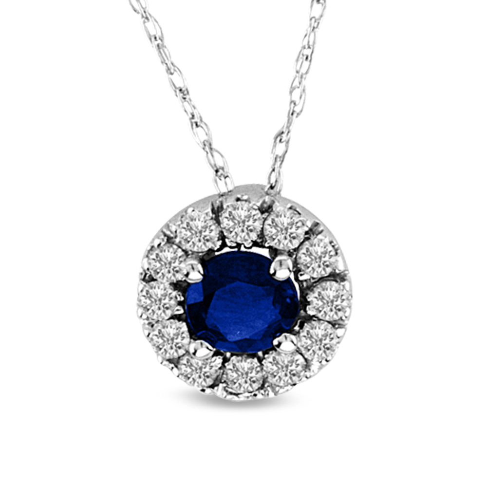0.48cttw Sapphire and Diamond Halo Pendant set in 14k Gold