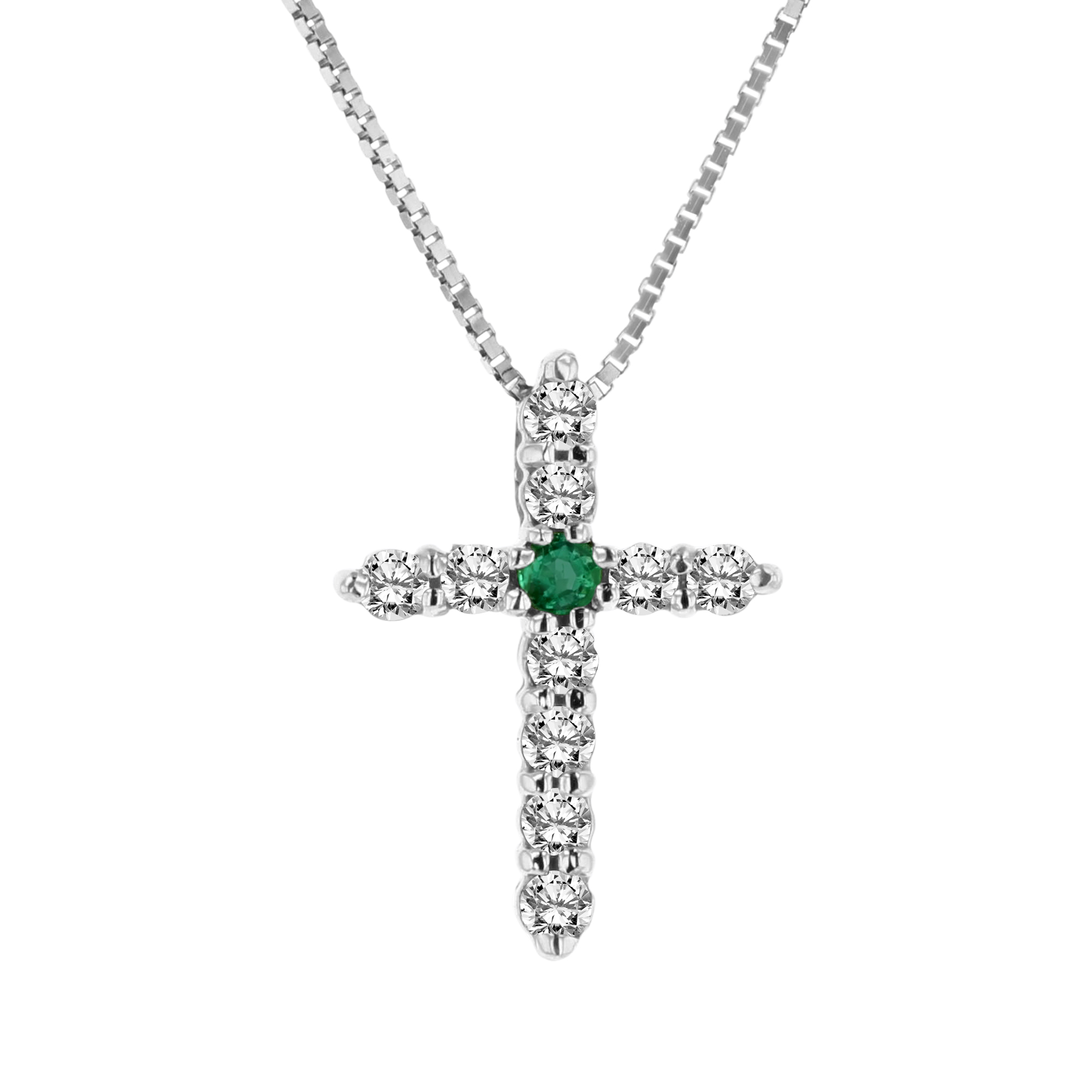 View 0.18ctw Emerald and Diamond Cross Pendant in 14k White Gold