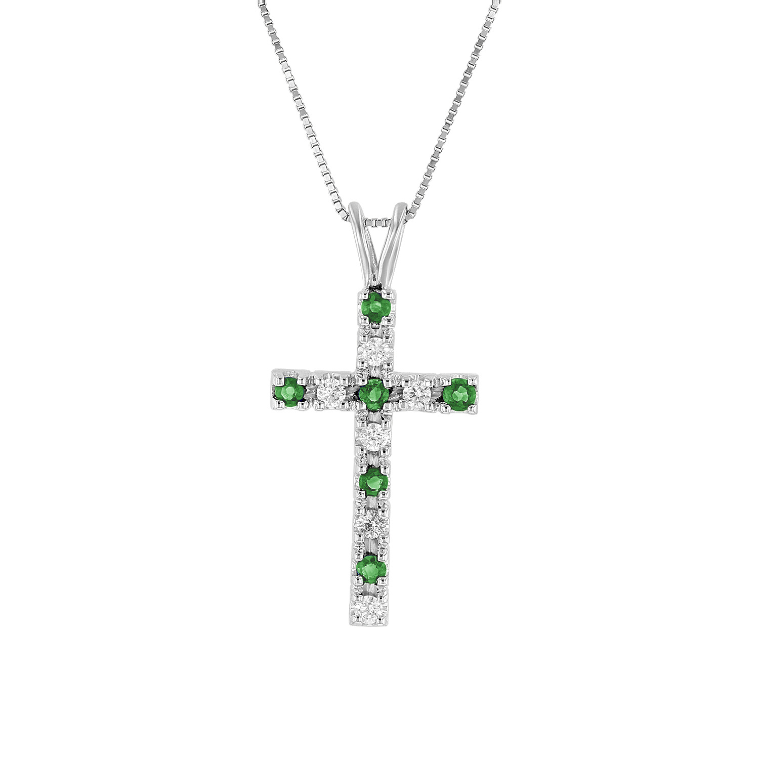 View 0.40ctw Diamond and Emerald Cross Pendant in 14k White Gold
