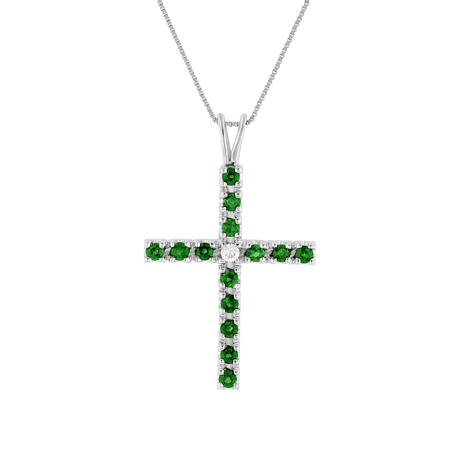 View 0.75ctw Diamond and Emerald Cross Pendant in 14k White Gold