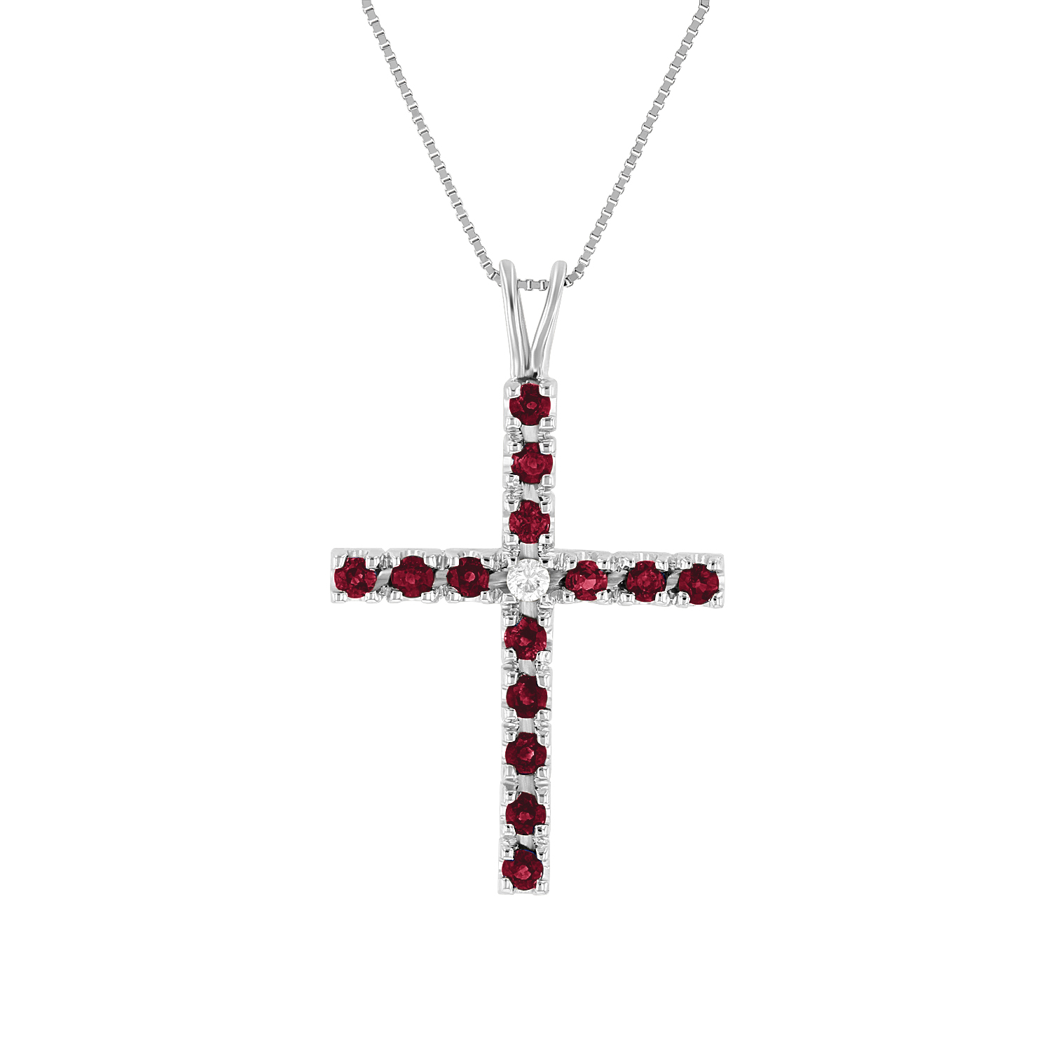 View 0.79ctw Diamond and Ruby Cross Pendant in 14k White Gold