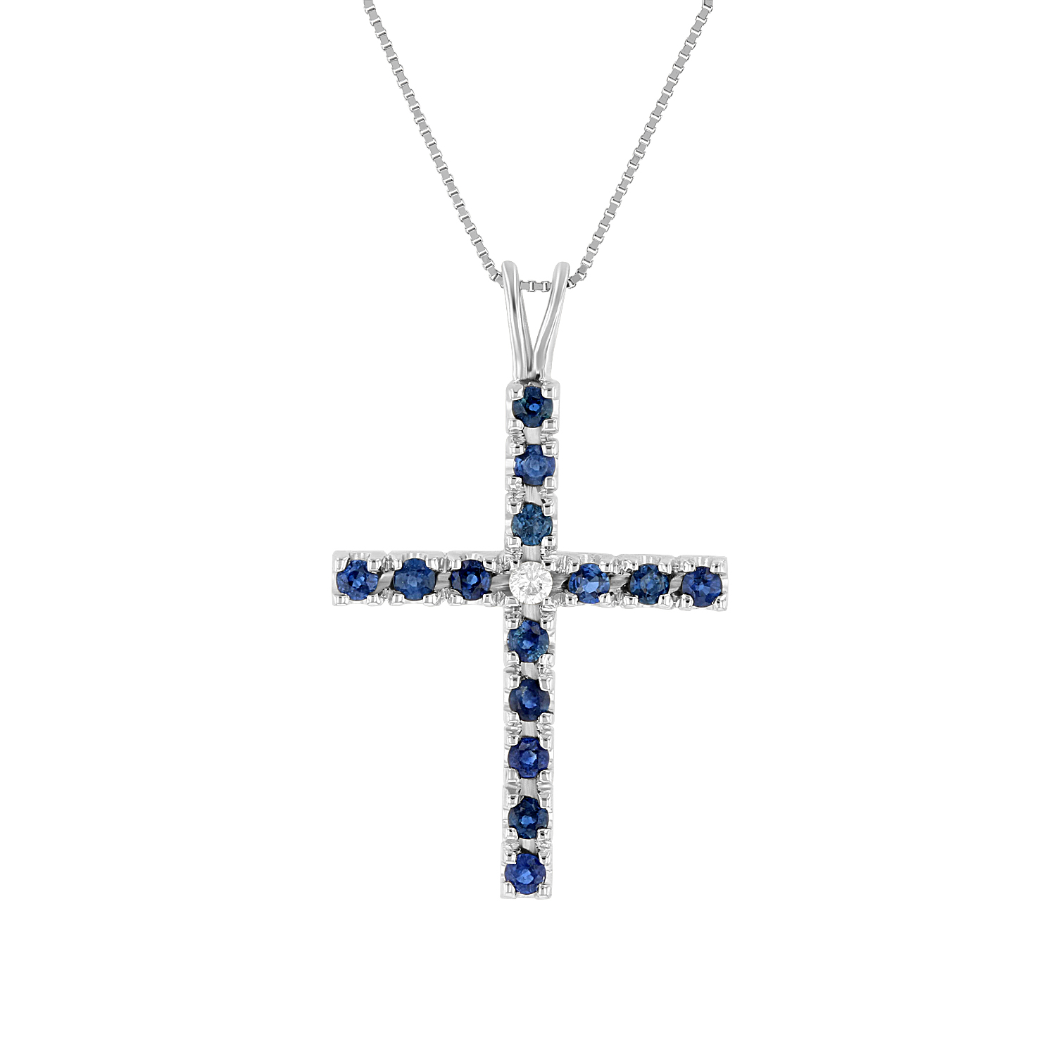 View 0.74ctw Diamond and Sapphire Cross Pendant in 14k White Gold
