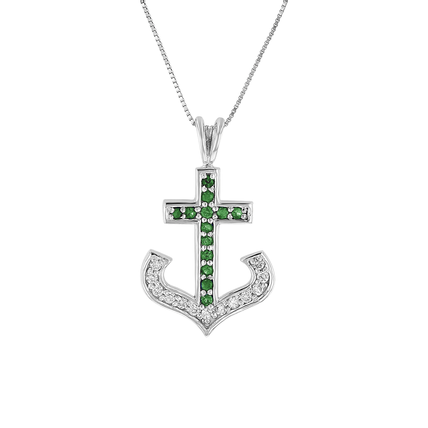 View 0.50ctw Diamond and Emerald Anchor Cross Pendant in 14k White Gold
