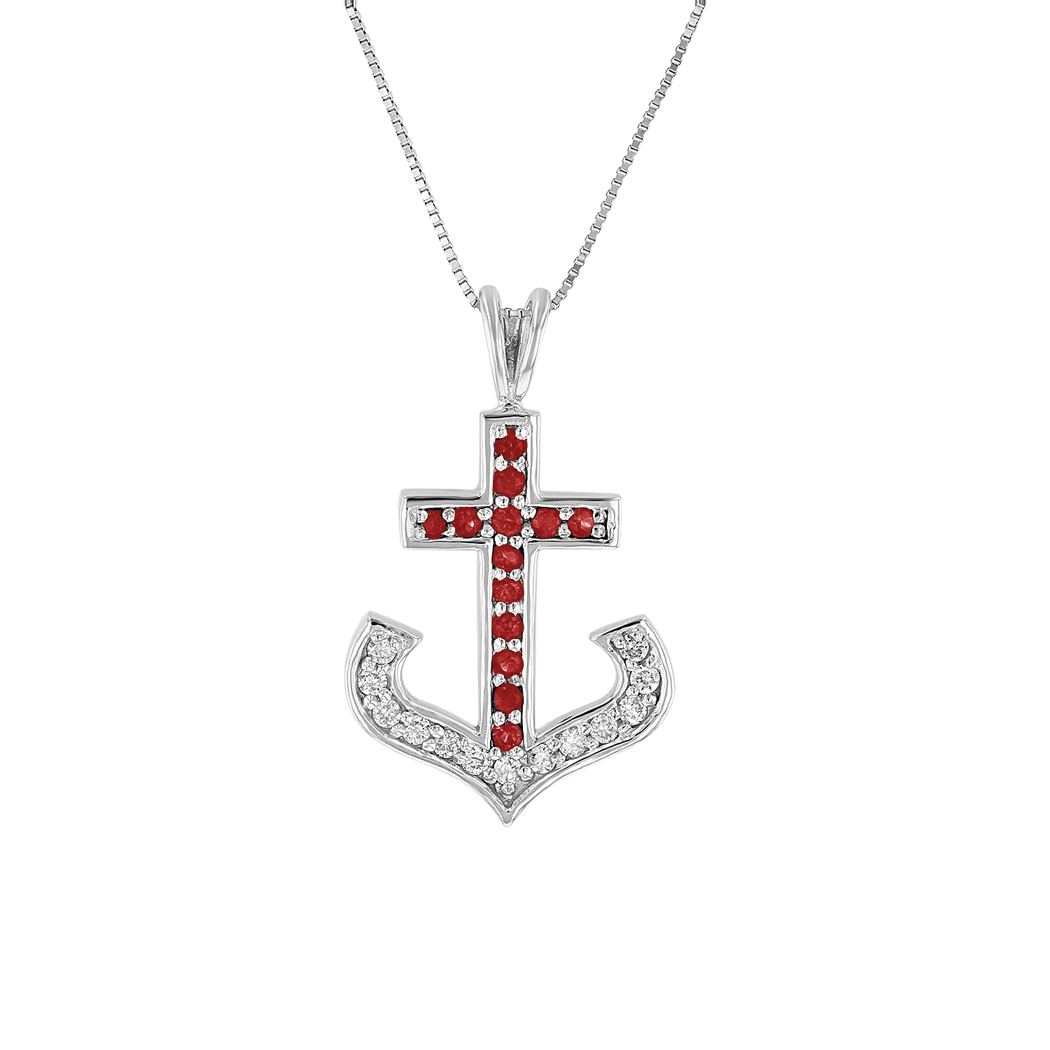 View 0.50ctw DIamond and Ruby Anchor Cross Pendant in 14k White Gold