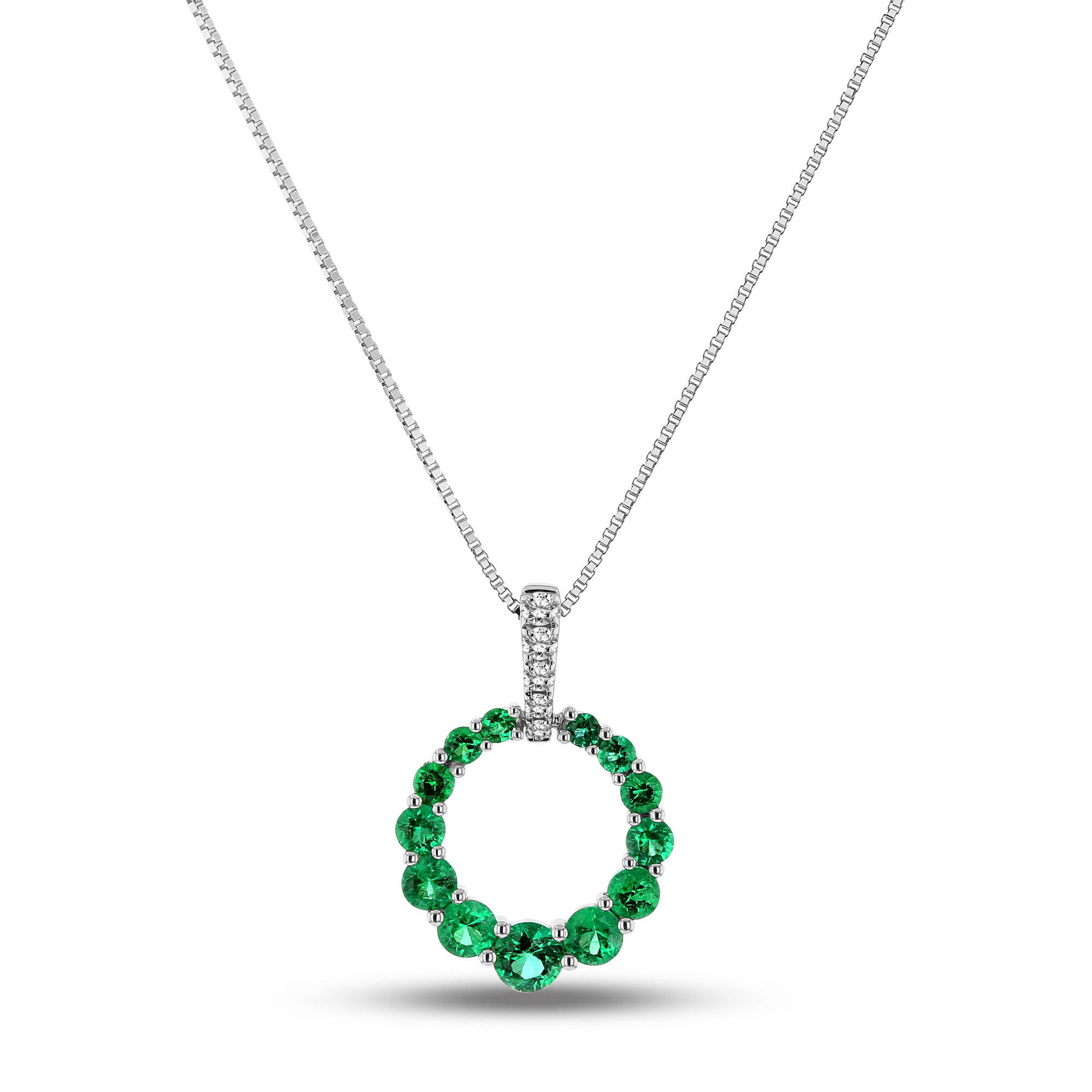View 0.05ctw Diamond and Emerald Circle Pendant in 18k White Gold