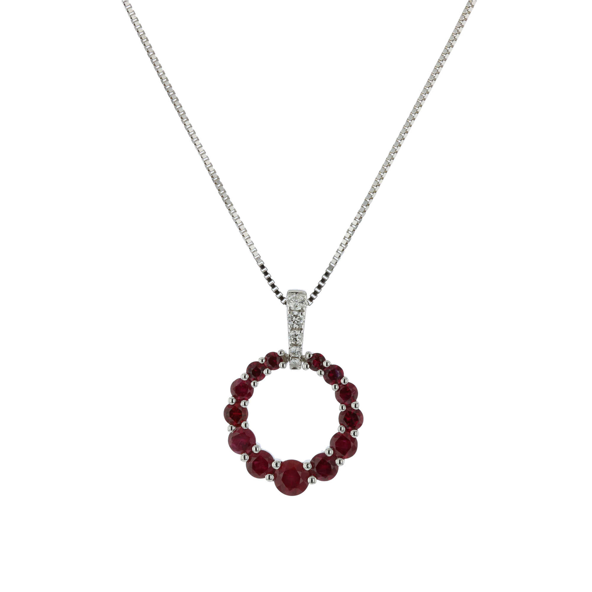 View 0.05ctw Diamond and Ruby Circle Pendant in 18k White Gold