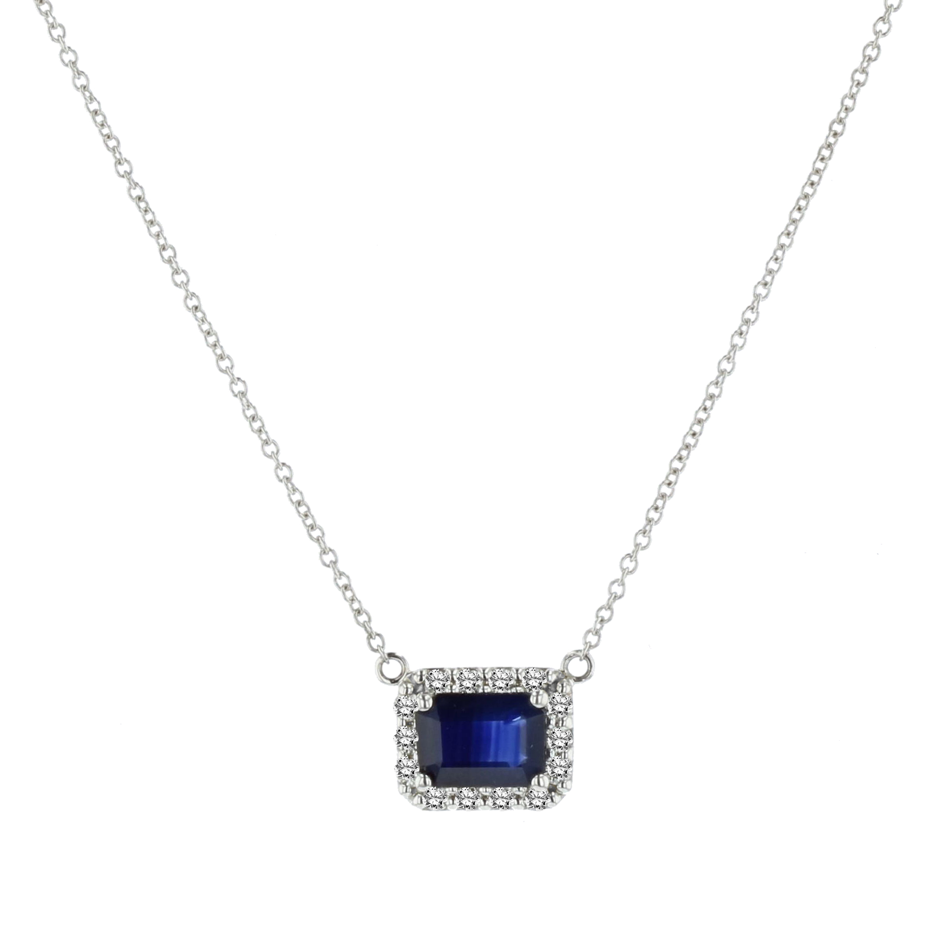 View 0.25ctw Diamond and Emerald Cut Sapphire Pendant in 14k White Gold