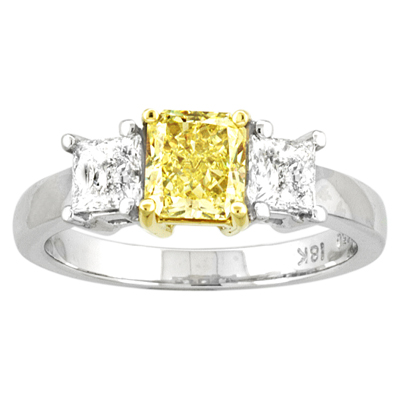 View 1.50ct tw Natural Fancy Yellow Three Stone Diamond Engagement Ring 0.90ct Center Radiant Cut set in 18k Gold